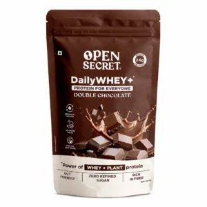 Open Secret Daily WHEY+ Protein Powder – Double Chocolate | 24g Protein per Serving | Zero Refined Sugar | Gut-Friendly | Rich in Fibre | 980g