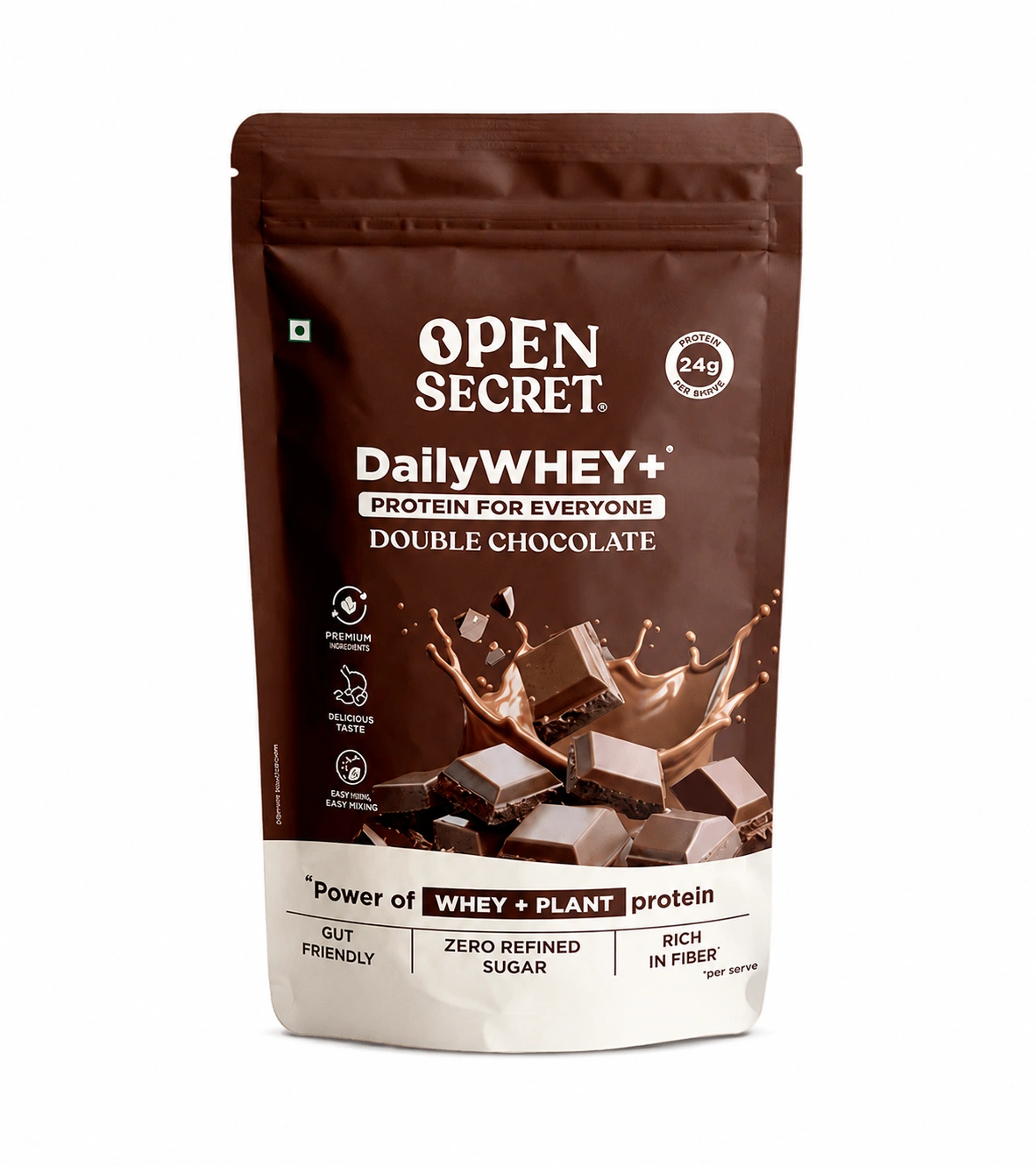 Open Secret Daily WHEY+ Protein Powder – Double Chocolate | 24g Protein per Serving | Zero Refined Sugar | Gut-Friendly | Rich in Fibre | 980g