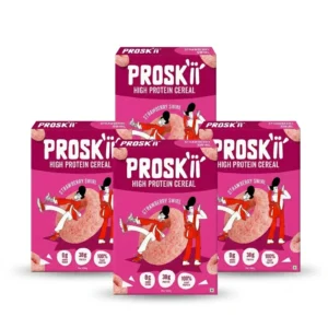 PROSKII High Protein Breakfast Cereal Strawberry Swirl (Pack of 4) | 38g Plant Protein, 0g Added Sugar | Real Fruit Berry Flavor Crunchy Rings | Vegan, Gluten-Free & Lab Verified