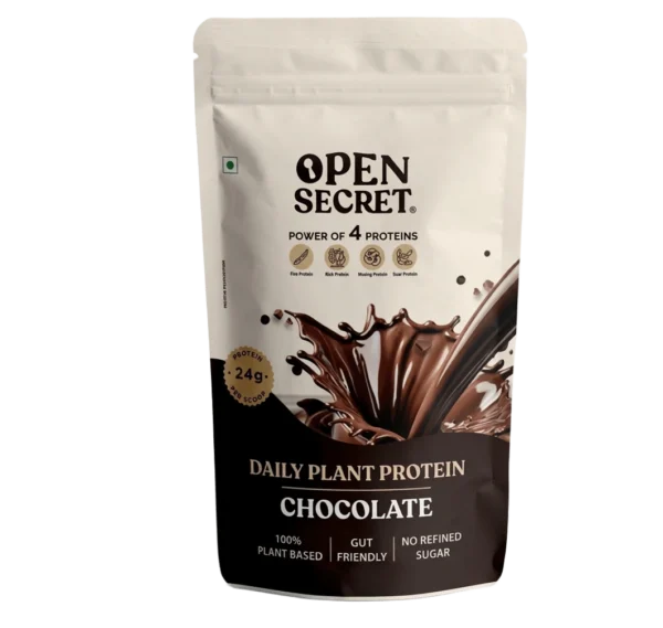 Open Secret Daily Plant Protein – Chocolate | Power of 4 Proteins | 24g Protein per Serve | No Refined Sugar | 100% Plant Based | 500g
