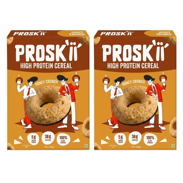 Proskii Honey Crunch High Protein Cereal (Pack of 2) | 38g Protein per 100g, 5g Added Sugar (from Honey) | Guilt-Free Breakfast Cereal