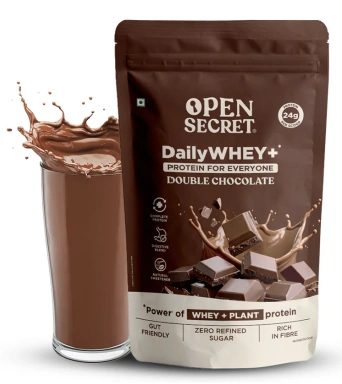 Open Secret Daily WHEY+ Protein Powder – Double Chocolate | 24g Protein per Serving | Zero Refined Sugar | Gut-Friendly | Rich in Fibre | 980g - Image 2