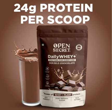 Open Secret Daily WHEY+ Protein Powder – Double Chocolate | 24g Protein per Serving | Zero Refined Sugar | Gut-Friendly | Rich in Fibre | 980g - Image 3