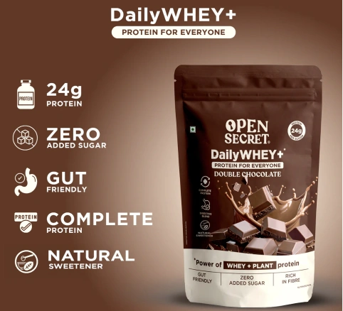 Open Secret Daily WHEY+ Protein Powder – Double Chocolate | 24g Protein per Serving | Zero Refined Sugar | Gut-Friendly | Rich in Fibre | 980g - Image 4