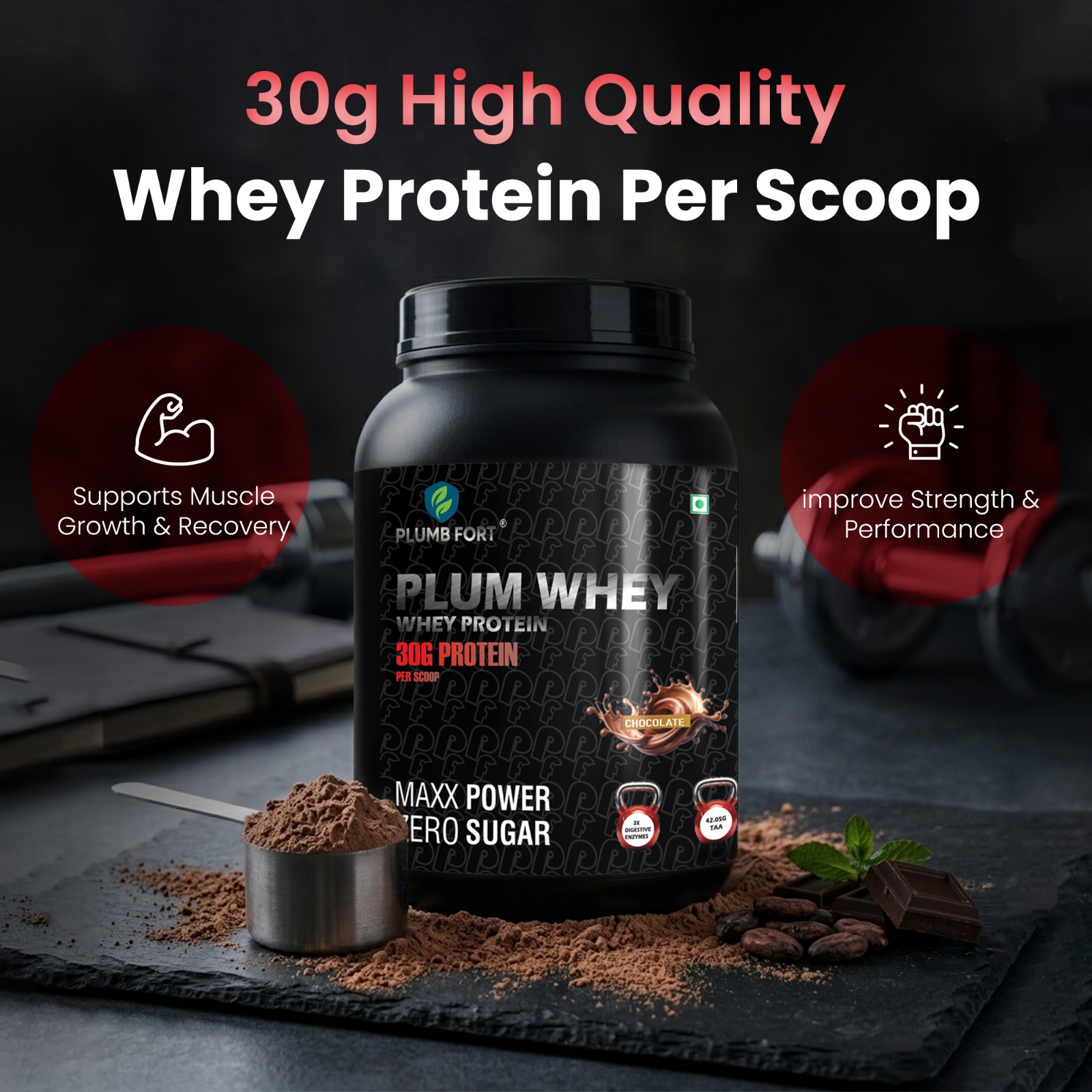 PLUMB FORT Plum-Whey Whey Protein 2.3kg | 30g Protein, 3g Creatine, Zero Added Sugar & Muscle Recovery Formula - Image 5