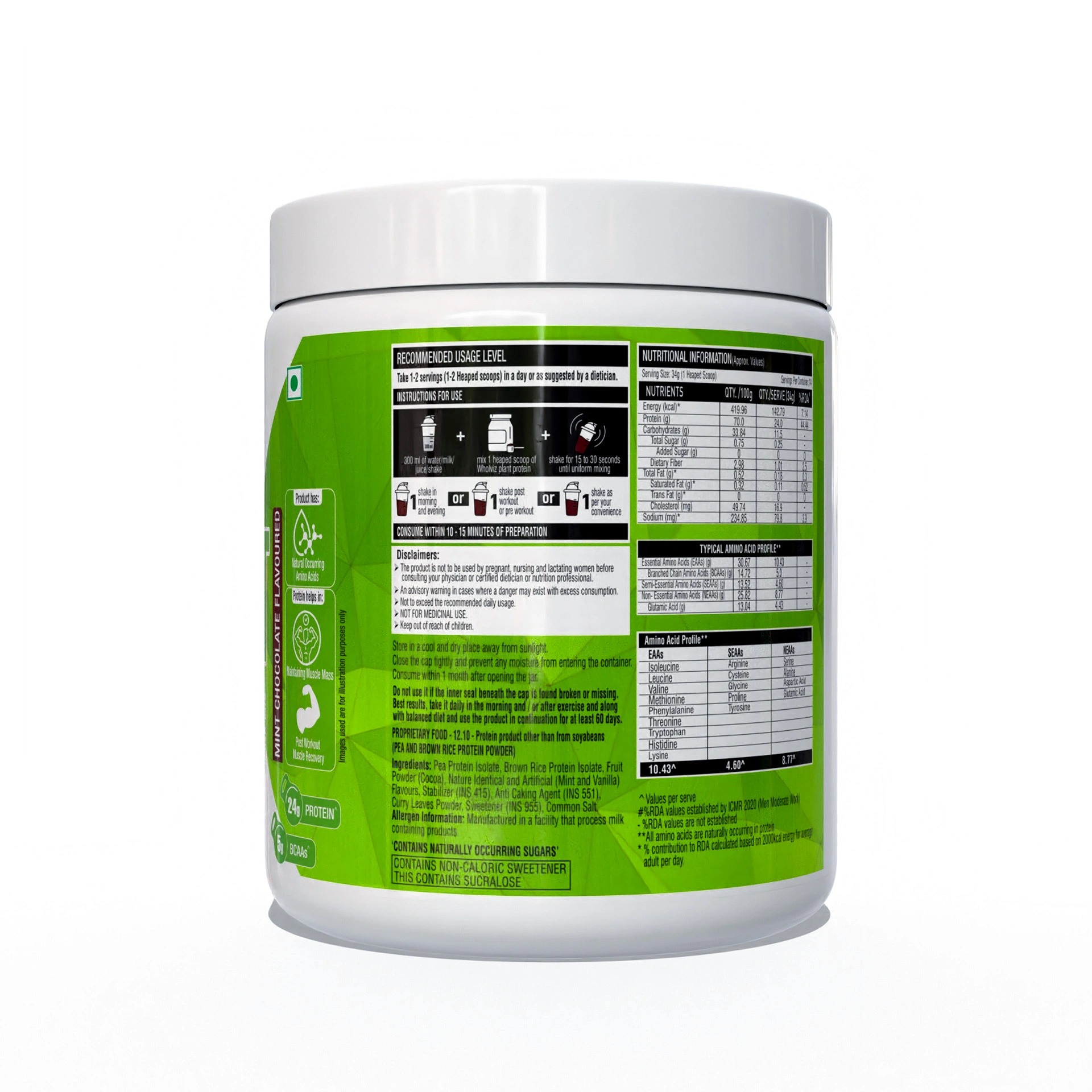 Wholviz Foods Plant Protein Mint Chocolate 500g | Pea & Brown Rice Protein | Vegan Protein | 24g Protein Per Serving - Image 2