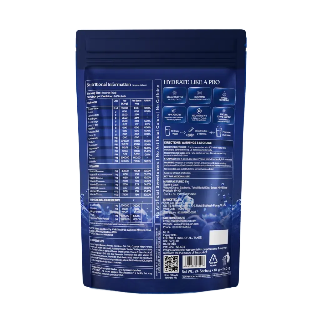 Blueberry flavored electrolyte drink mix sachets