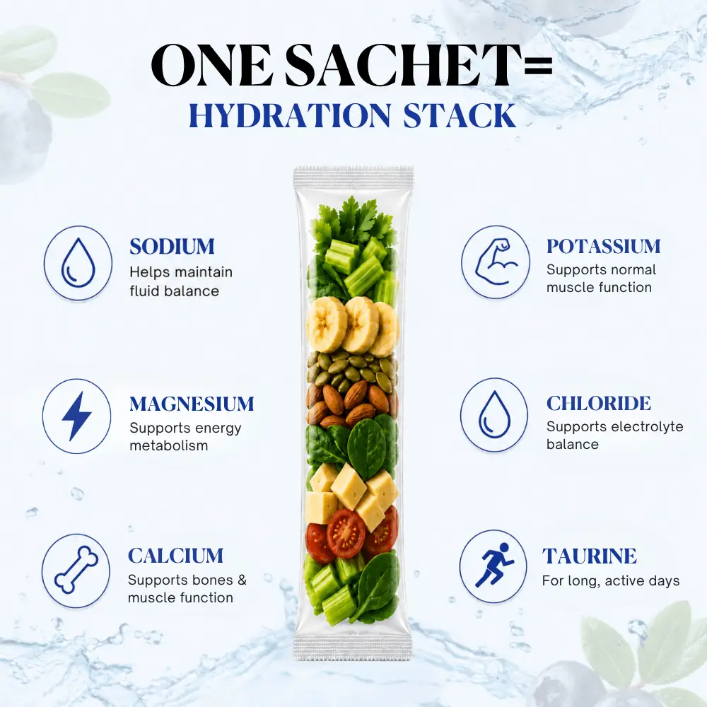 Blueberry flavored electrolyte hydration powder sachets
