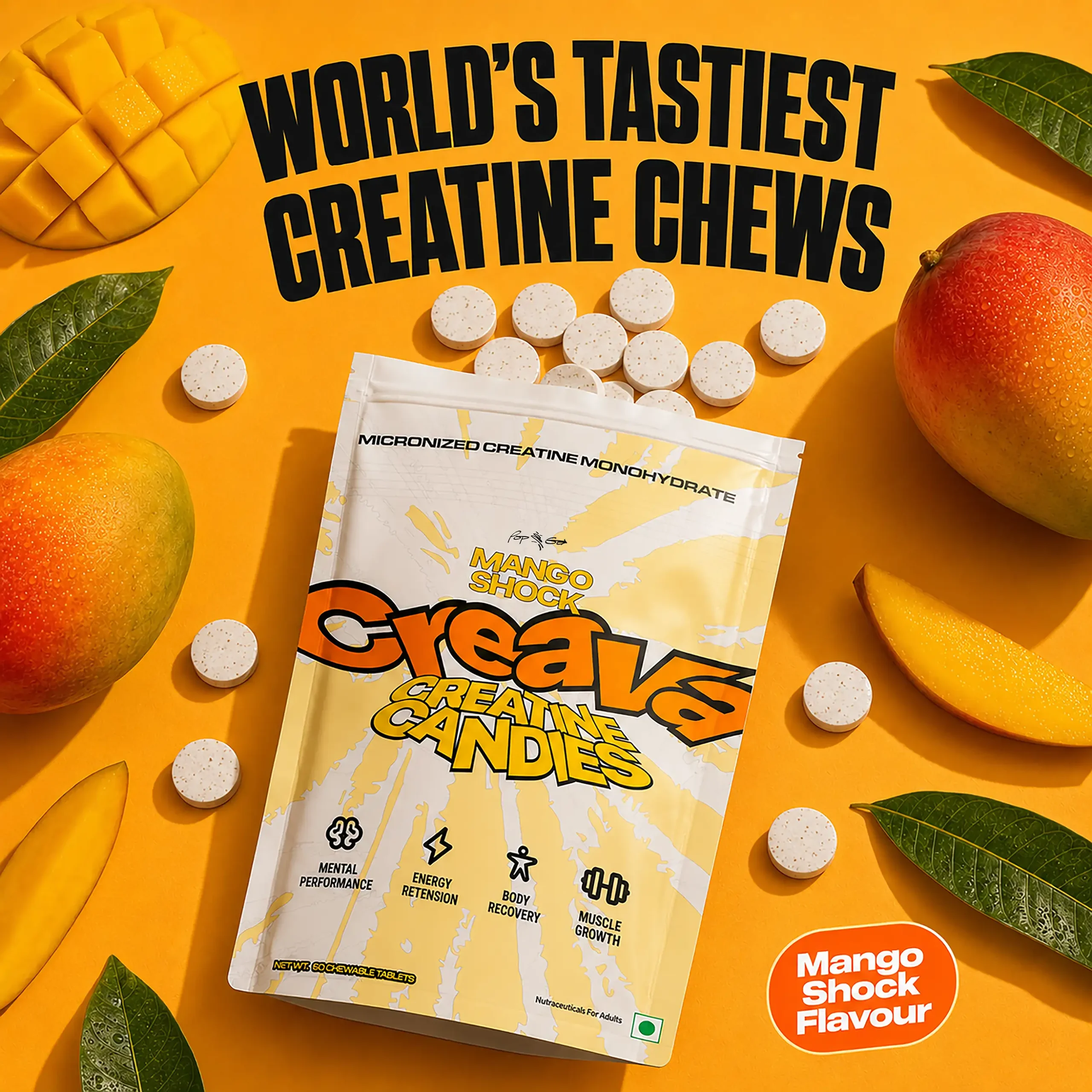 Creava Chewable Creatine Candies | Micronized Creatine Monohydrate Tablets for Muscle Recovery & Performance | 1.5g Per Serving (60 Chewables, Mango Shock) - Image 5