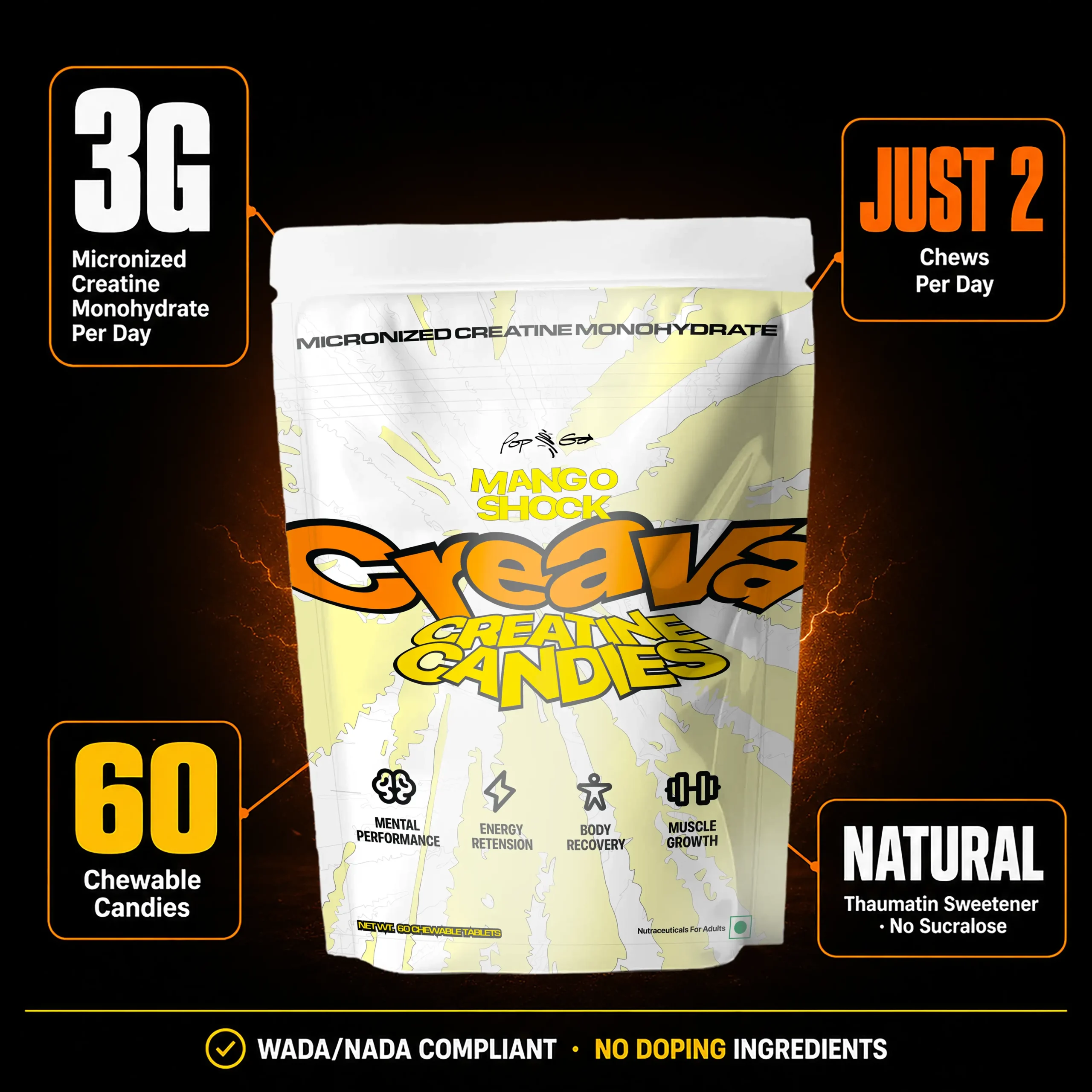 Creava Chewable Creatine Candies | Micronized Creatine Monohydrate Tablets for Muscle Recovery & Performance | 1.5g Per Serving (60 Chewables, Mango Shock) - Image 4