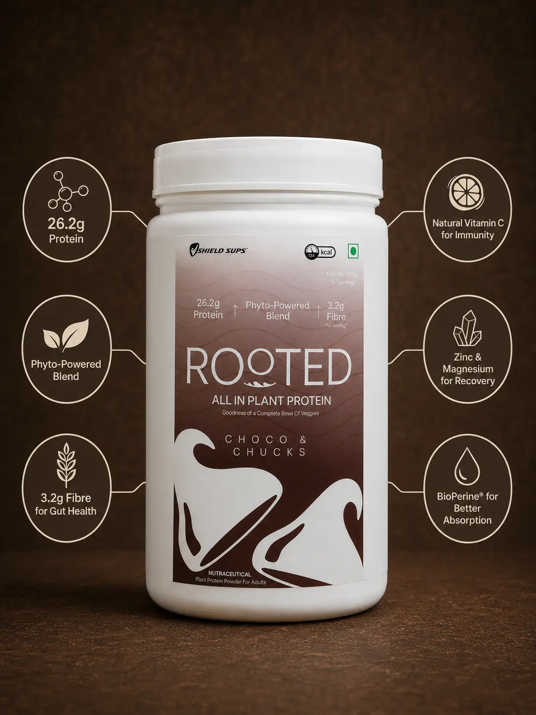 MShield Rooted Plant Based Protein Powder | 100% Vegan & Dairy Free Pea & Brown Rice Protein | 26.2g Protein for Lean Muscle Support (Choco Chunks, 645g) - Image 2