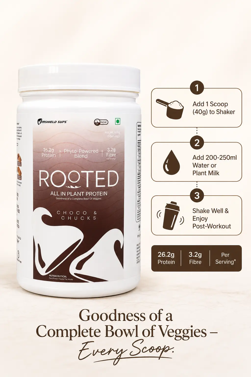 MShield Rooted Plant Based Protein Powder | 100% Vegan & Dairy Free Pea & Brown Rice Protein | 26.2g Protein for Lean Muscle Support (Choco Chunks, 645g) - Image 3