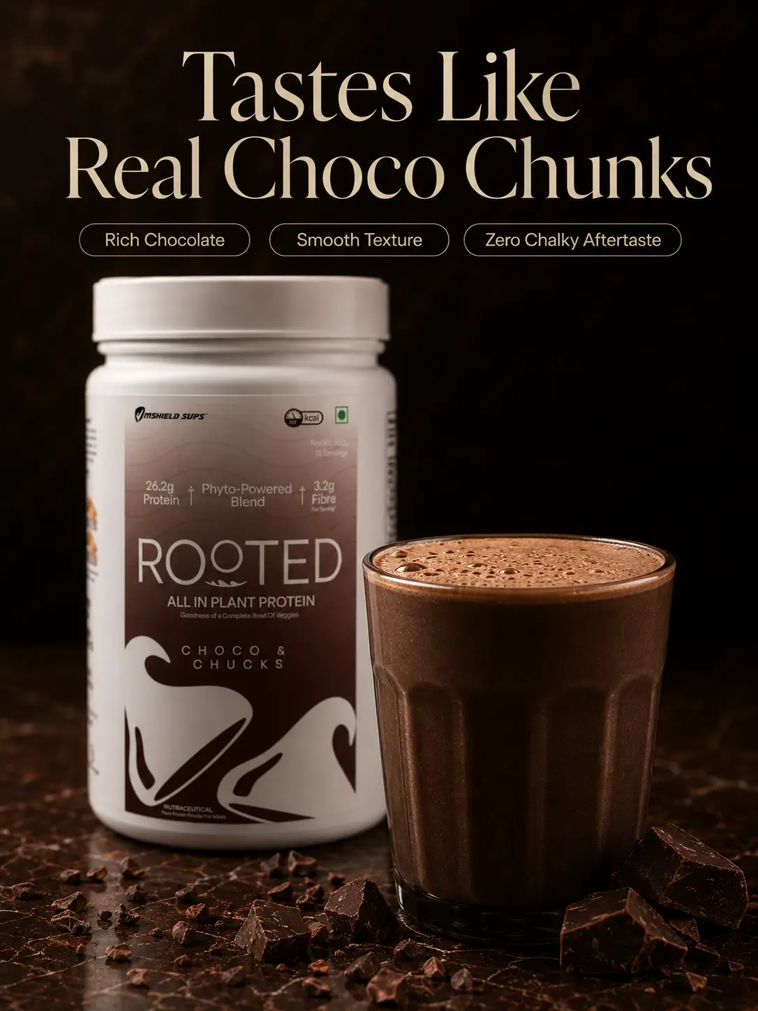 MShield Rooted Plant Based Protein Powder | 100% Vegan & Dairy Free Pea & Brown Rice Protein | 26.2g Protein for Lean Muscle Support (Choco Chunks, 645g) - Image 4