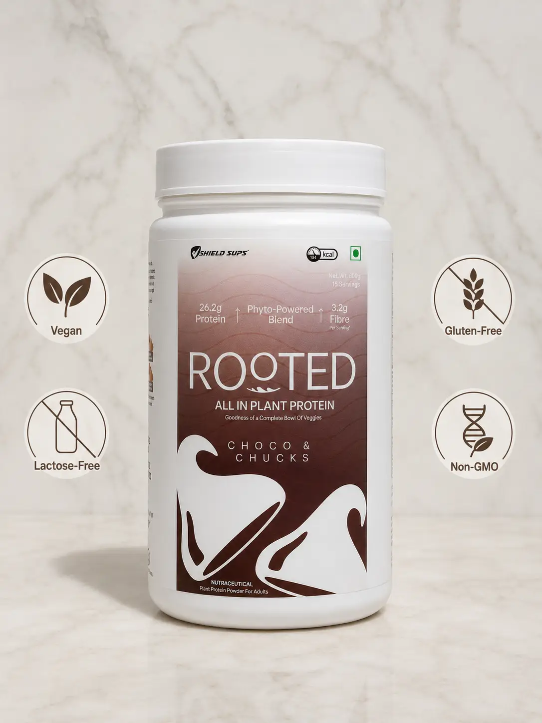 MShield Rooted Plant Based Protein Powder | 100% Vegan & Dairy Free Pea & Brown Rice Protein | 26.2g Protein for Lean Muscle Support (Choco Chunks, 645g) - Image 5