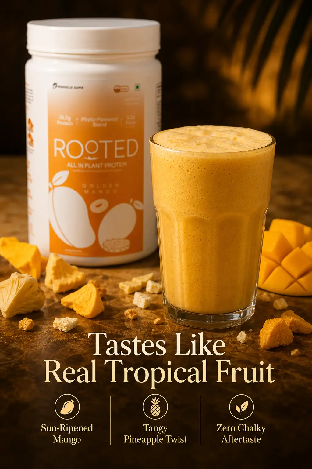 Golden mango flavored vegan protein powder