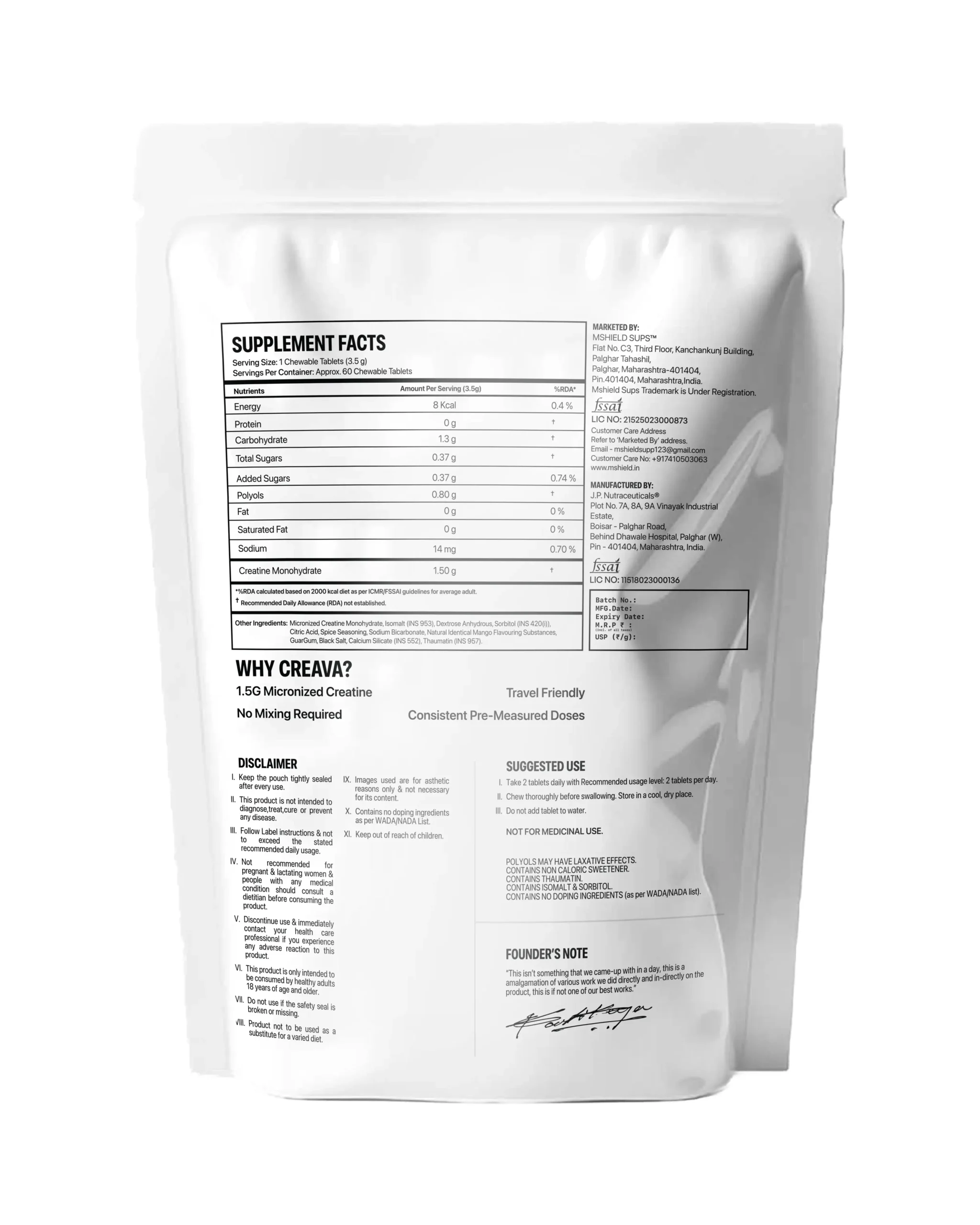 Creava Chewable Creatine Candies | Micronized Creatine Monohydrate Tablets for Muscle Recovery & Performance | 1.5g Per Serving (60 Chewables, Mango Shock) - Image 2