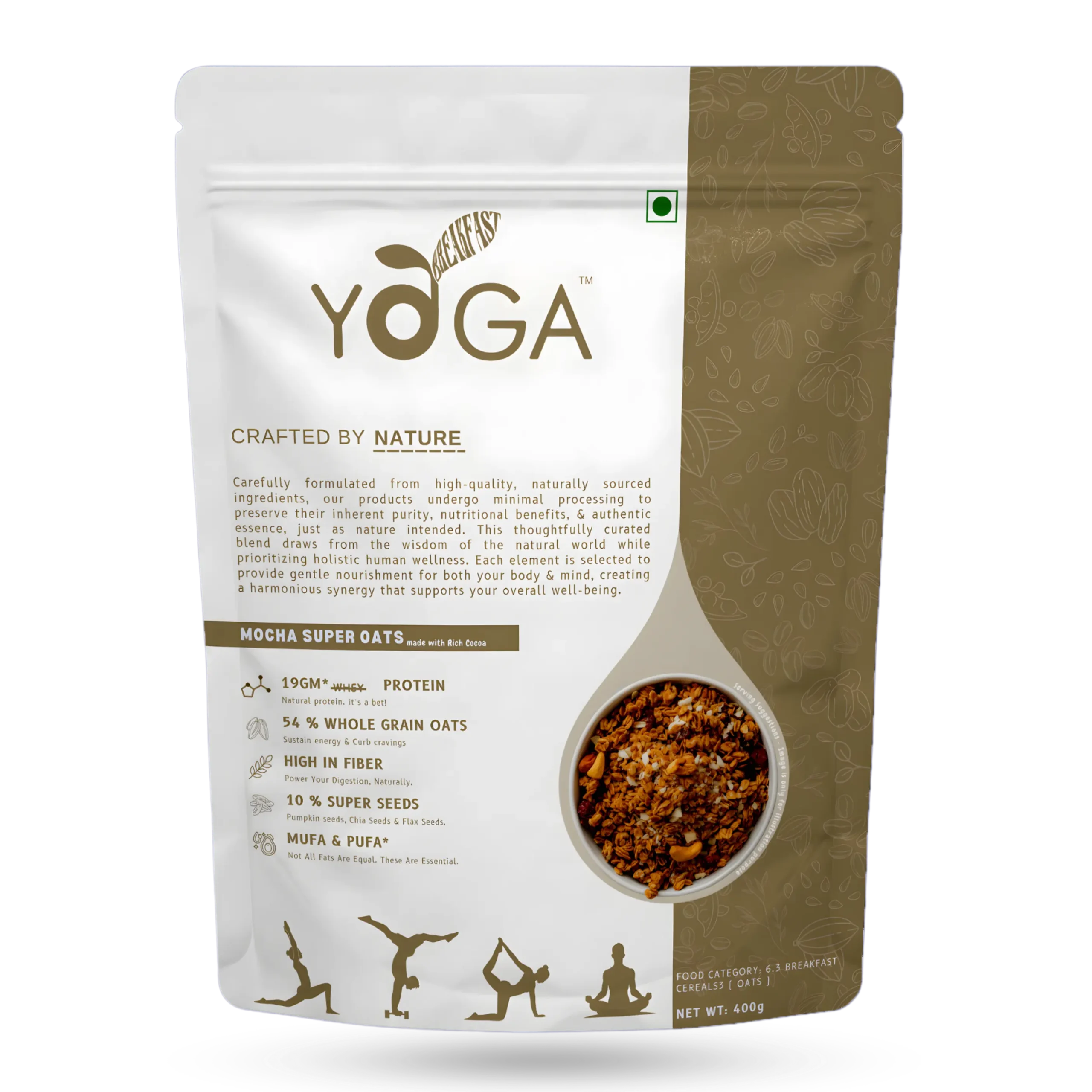 Yoga Breakfast Mocha Super Oats (400g) – High Protein Overnight Oats with Whole Grain Oats, Pea Protein, Chia & Flax Seeds, Cocoa & Dates | 19g Plant Protein, High Fiber, No Added Sugar, No Whey or Soy