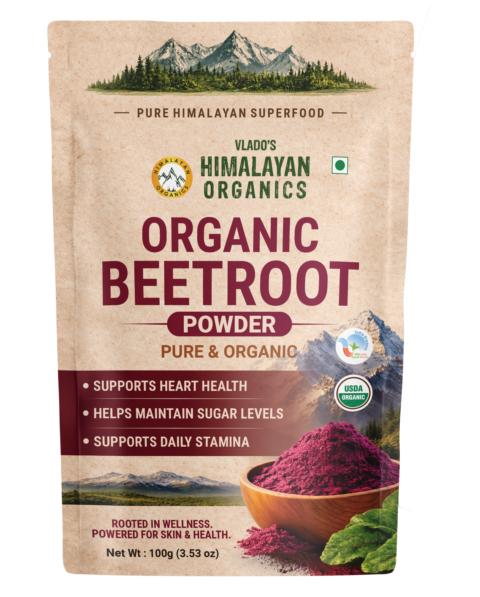 Vlado's Himalayan Organics Beetroot Powder 100g Packaging