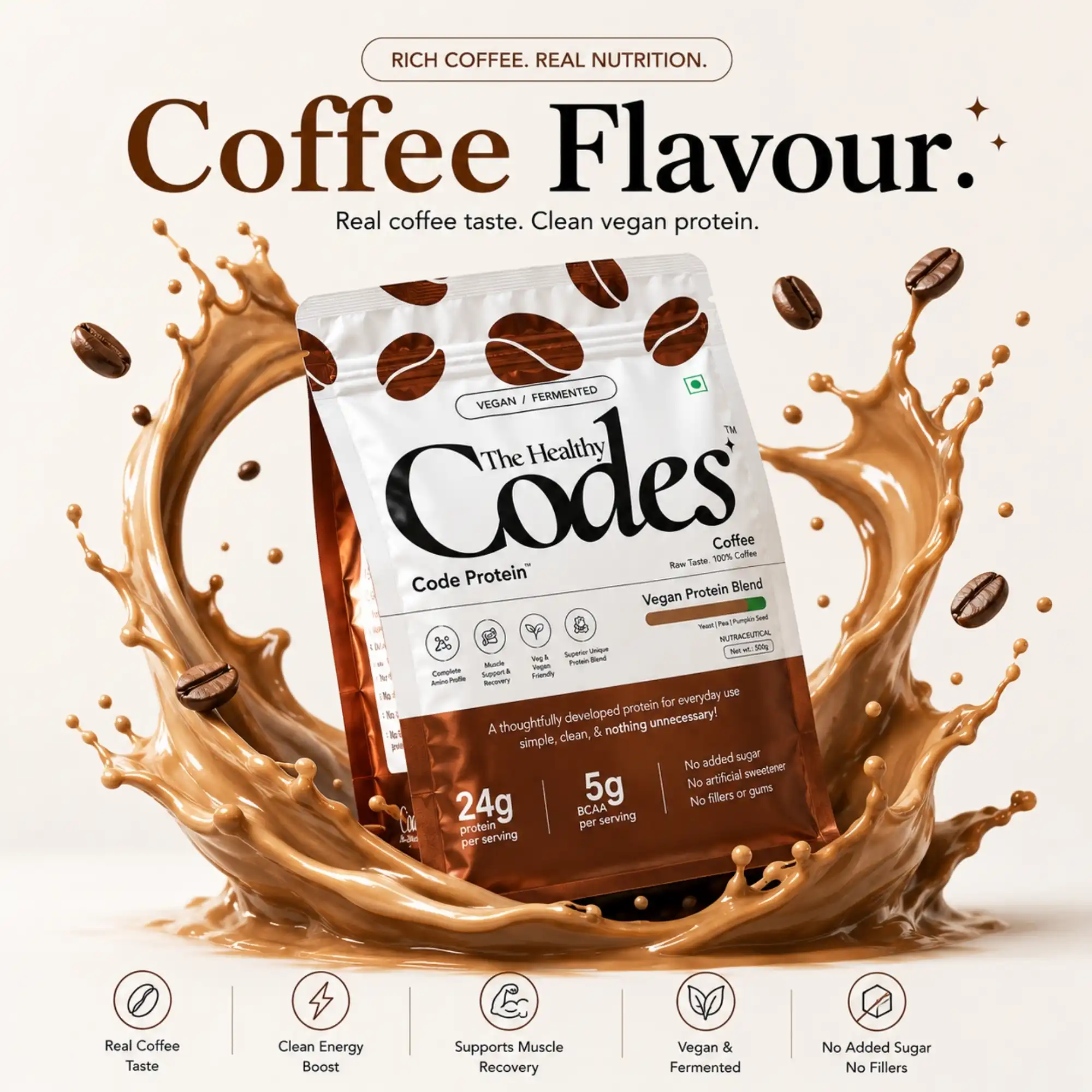 The Healthy Codes Code Protein | Vegan Fermented Protein Blend (24g Protein, 5.2g BCAAs, PDCAAS ~1) | Plant Based Yeast, Pea & Pumpkin Isolate Supplement for Men & Women | Clean Label Daily Wellness | Coffee Flavor - Image 2