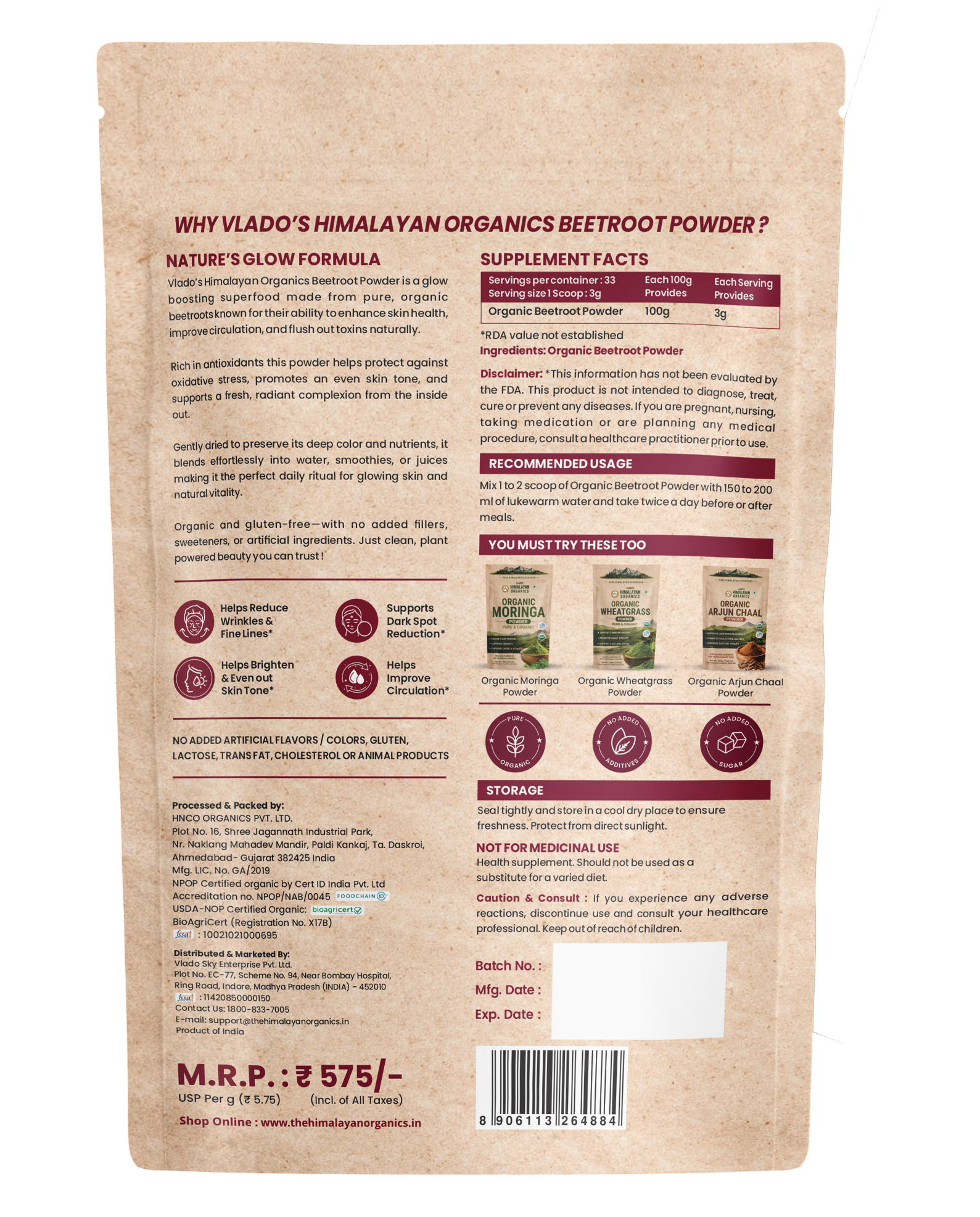 Vlado's Himalayan Organics Beetroot Powder Supplement Back Label