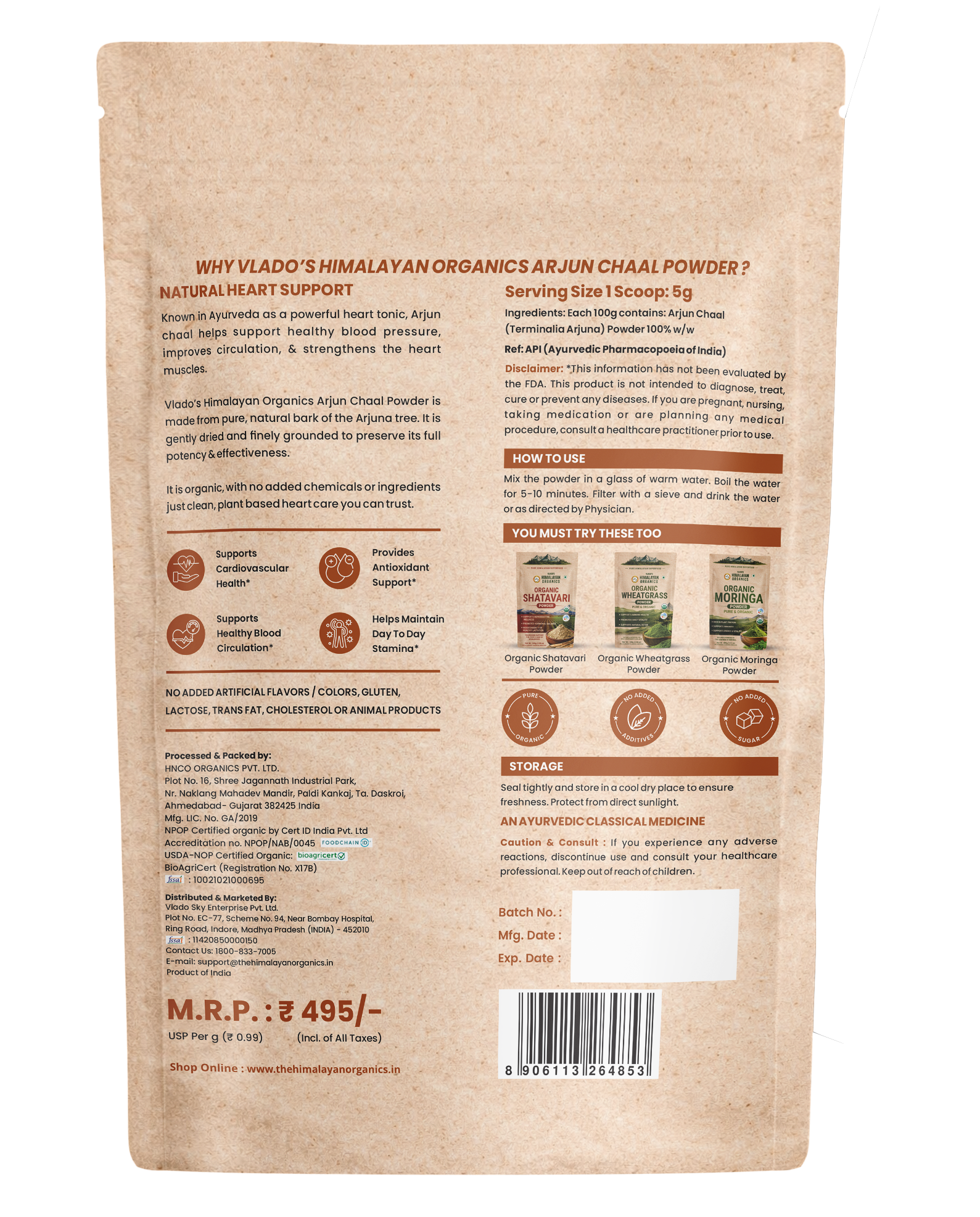 Vlado's Himalayan Organics Arjun Chaal Powder Nutrition Facts Label 500G