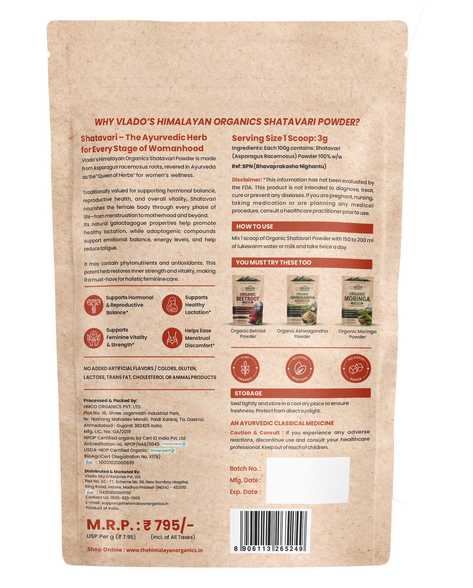 Vlado's Himalayan Organics Shatavari Powder 100g Packaging Back Label