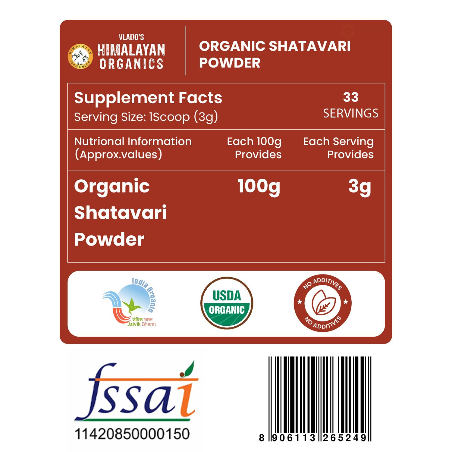 Vlado's Himalayan Organics Shatavari Powder Nutrition Facts Label