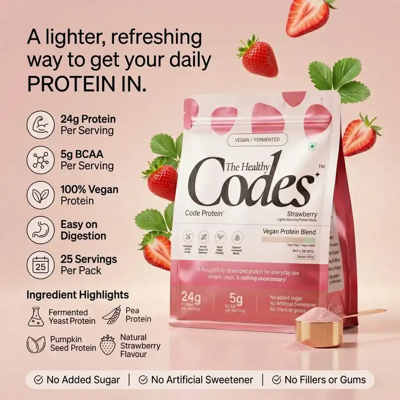 The Healthy Codes Code Vegan Protein Powder Strawberry Flavor – 24g Fermented Plant Protein Blend with Pea & Pumpkin Seed Isolate, 5.2g BCAAs | 100% Clean Label, No Fillers Daily Wellness Protein Supplement - Image 2