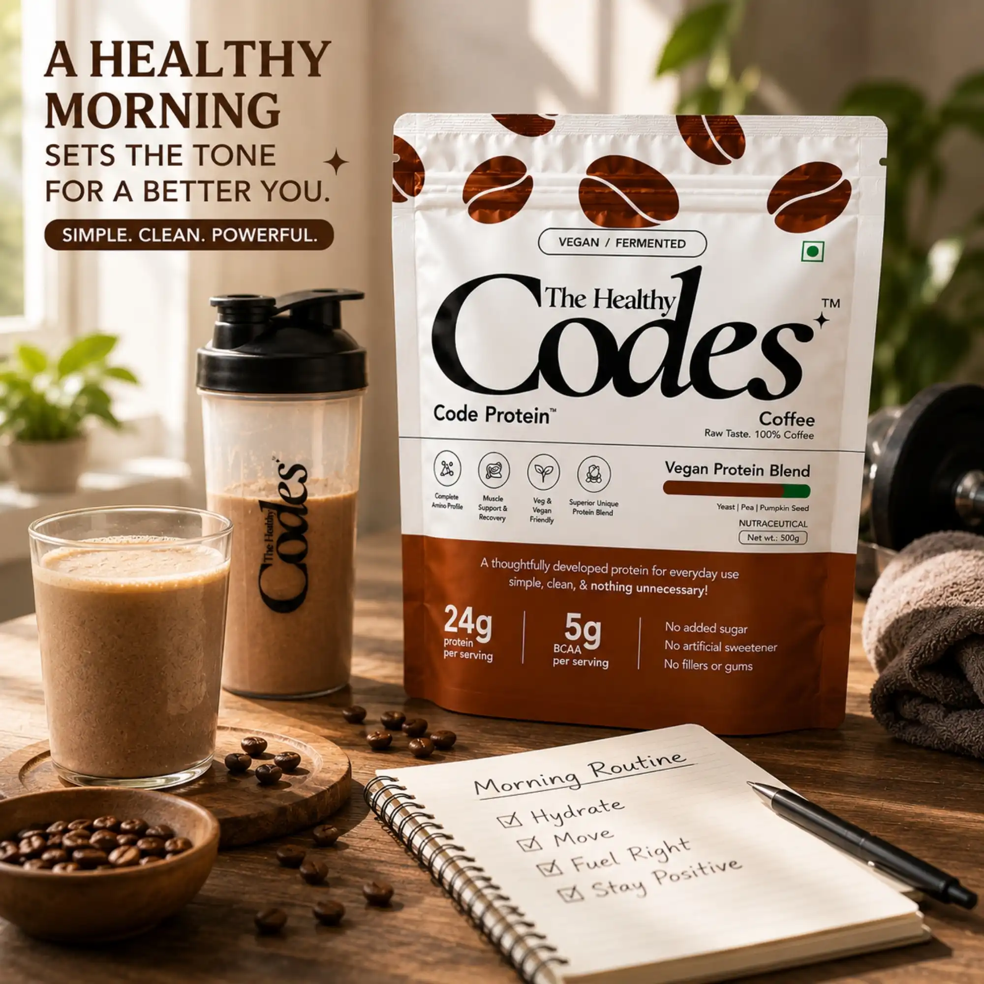 The Healthy Codes Code Protein | Vegan Fermented Protein Blend (24g Protein, 5.2g BCAAs, PDCAAS ~1) | Plant Based Yeast, Pea & Pumpkin Isolate Supplement for Men & Women | Clean Label Daily Wellness | Coffee Flavor - Image 3