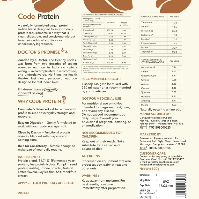 The Healthy Codes Code Protein | Vegan Fermented Protein Blend (24g Protein, 5.2g BCAAs, PDCAAS ~1) | Plant Based Yeast, Pea & Pumpkin Isolate Supplement for Men & Women | Clean Label Daily Wellness | Coffee Flavor - Image 5