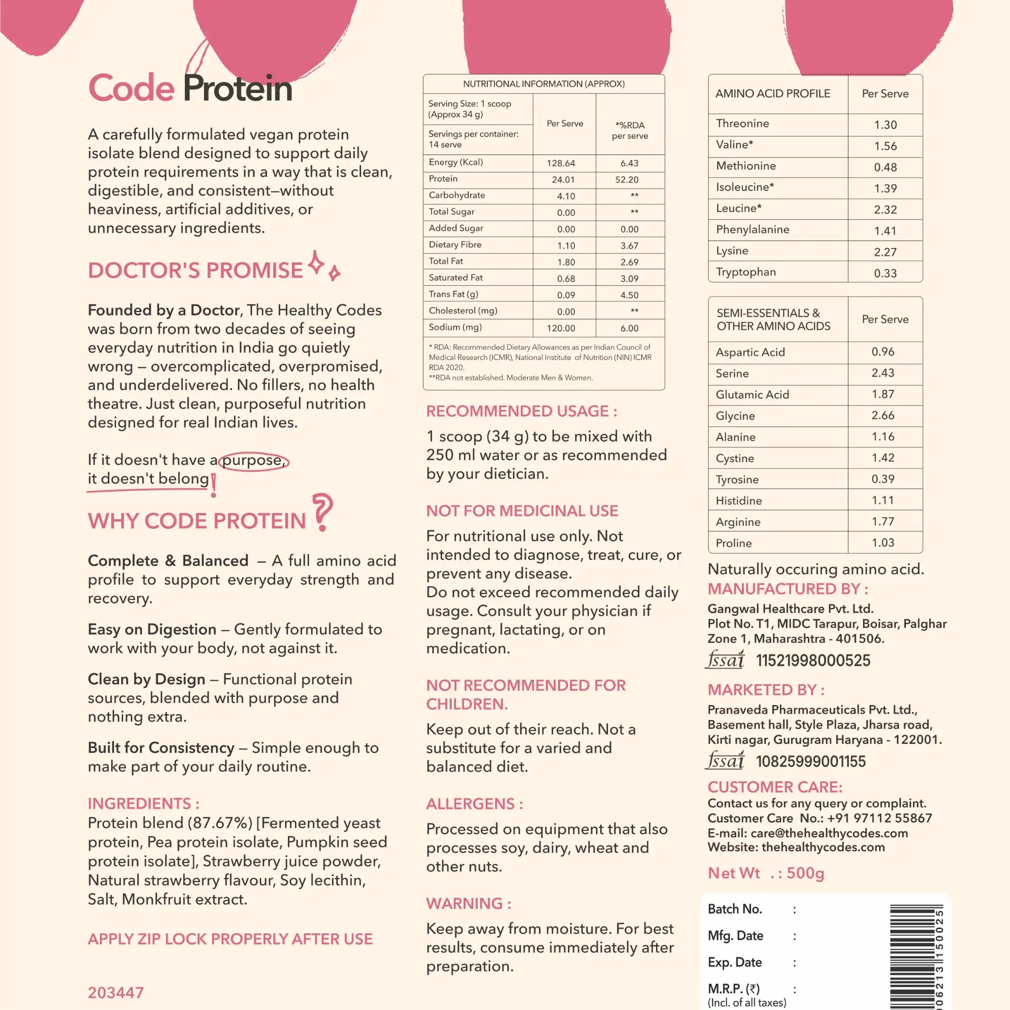 The Healthy Codes Code Vegan Protein Powder Strawberry Flavor – 24g Fermented Plant Protein Blend with Pea & Pumpkin Seed Isolate, 5.2g BCAAs | 100% Clean Label, No Fillers Daily Wellness Protein Supplement - Image 5