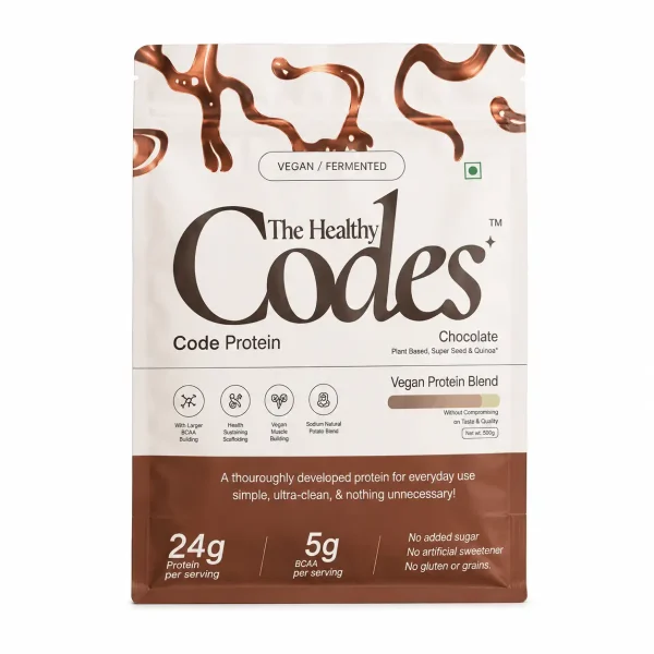 The Healthy Codes Code Protein | Vegan Fermented Protein Blend (24g Protein, 5.2g BCAAs, PDCAAS ~1) | Plant Based Yeast, Pea & Pumpkin Isolate Supplement for Men & Women | Clean Label Daily Wellness | Chocolate Flavor