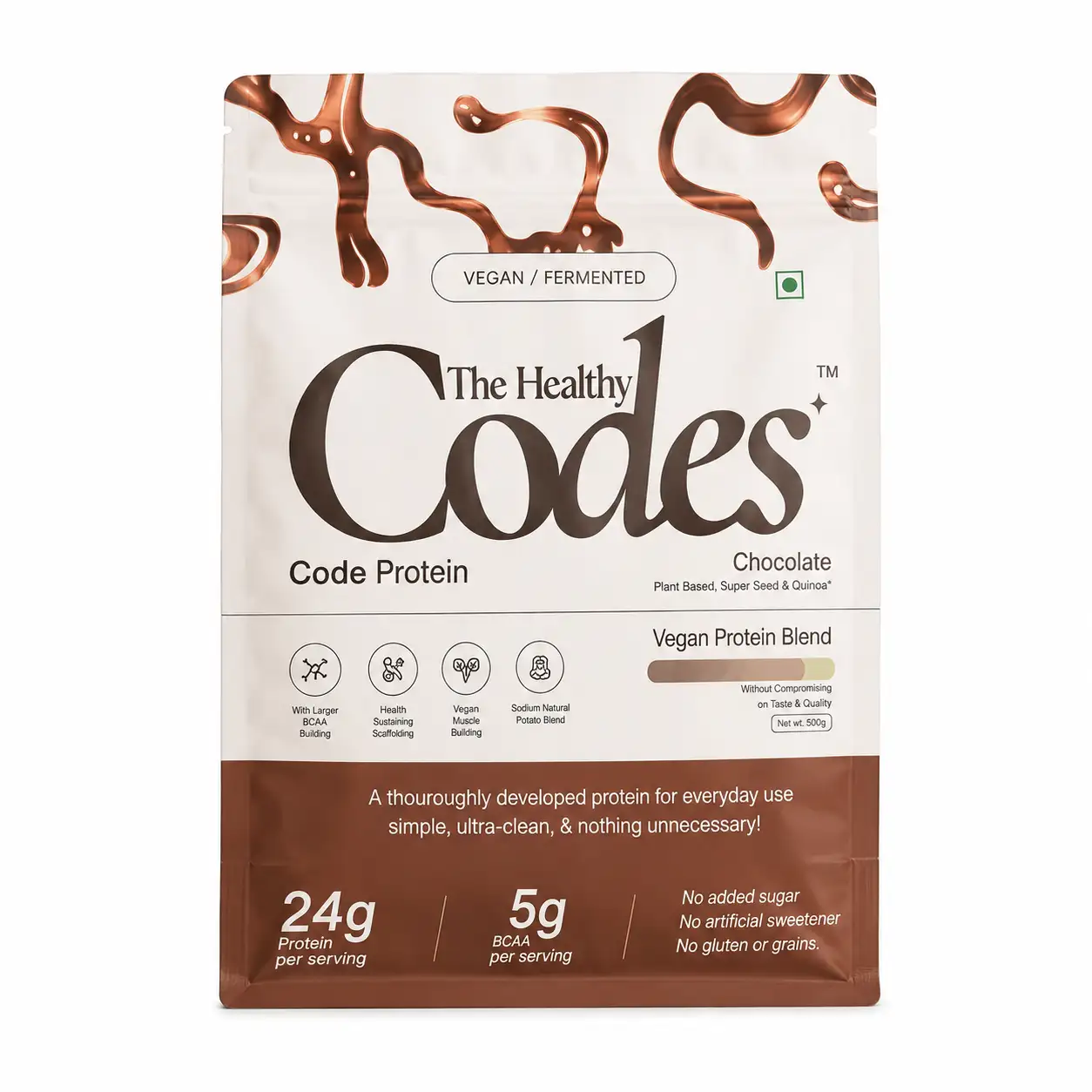 The Healthy Codes Code Protein | Vegan Fermented Protein Blend (24g Protein, 5.2g BCAAs, PDCAAS ~1) | Plant Based Yeast, Pea & Pumpkin Isolate Supplement for Men & Women | Clean Label Daily Wellness | Chocolate Flavor