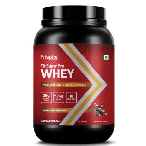 FITSPIRE Fit Super Pro Whey Protein Powder for Adults | 36g Protein + 7.76g BCAA | Whey Isolate & Concentrate Blend Enzymes, Probiotics & Prebiotics | Supports Muscle Growth & Recovery| Double Rich Chocolate Flavour - 907g (2 lbs), 18 Servings