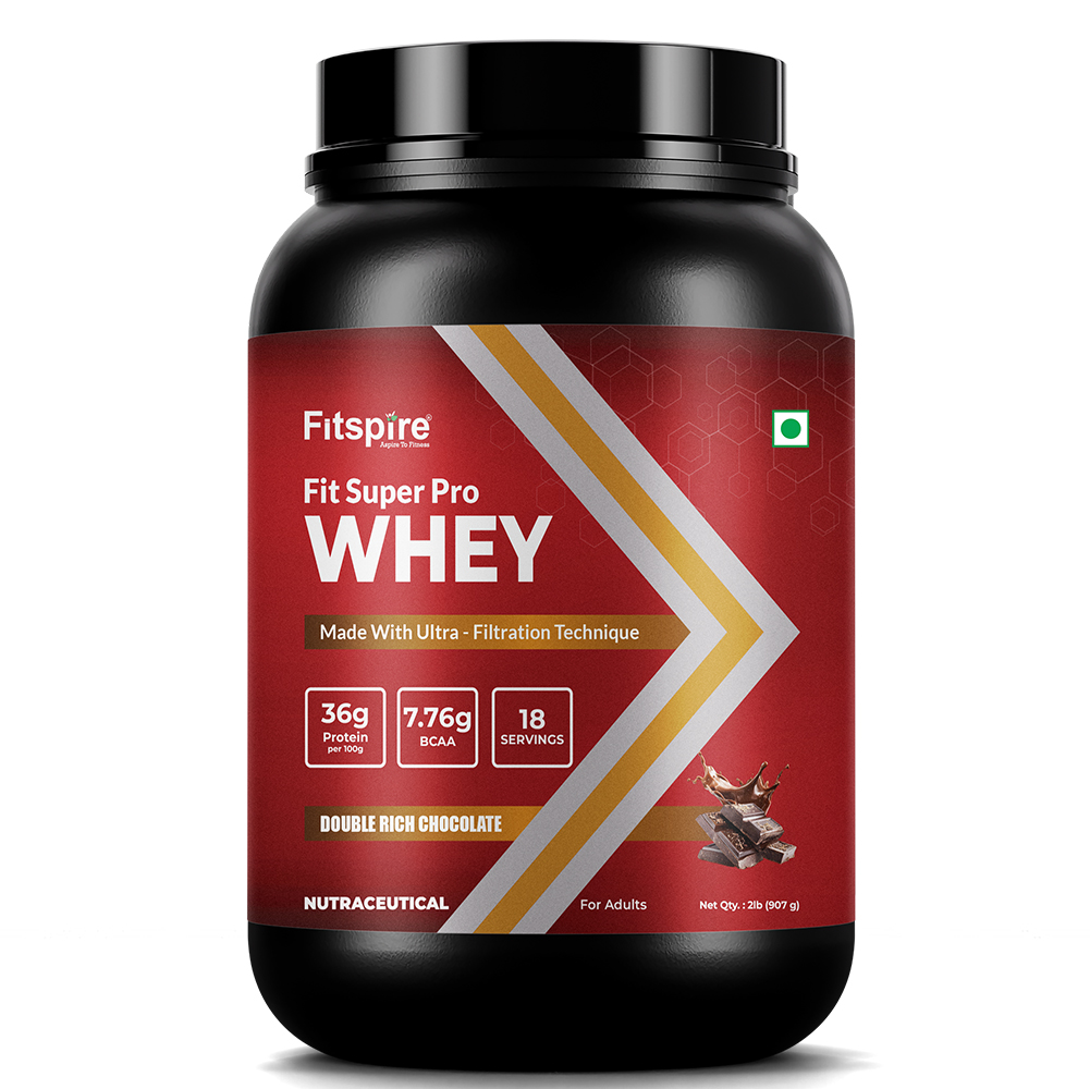 FITSPIRE Fit Super Pro Whey Protein Powder for Adults | 36g Protein + 7.76g BCAA | Whey Isolate & Concentrate Blend Enzymes, Probiotics & Prebiotics | Supports Muscle Growth & Recovery| Double Rich Chocolate Flavour - 907g (2 lbs), 18 Servings