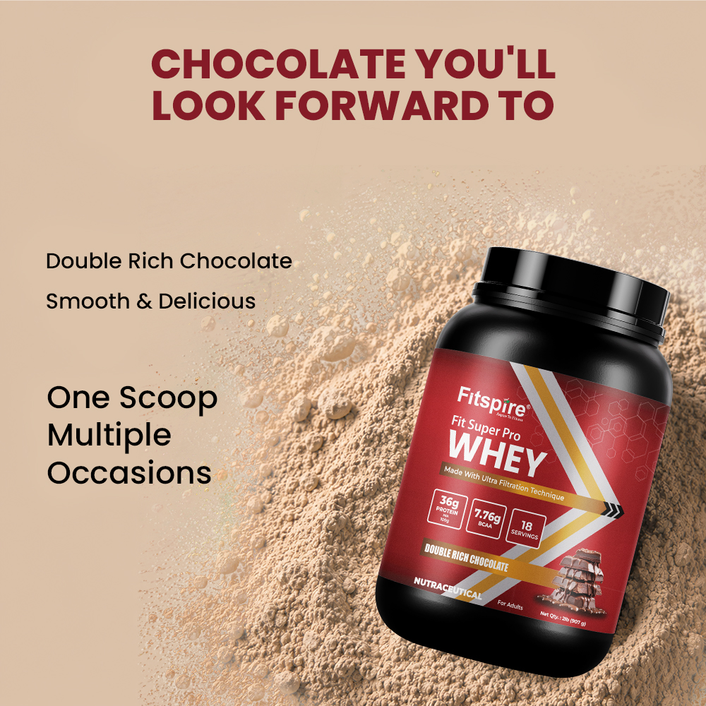 FITSPIRE Fit Super Pro Whey Protein Powder for Adults | 36g Protein + 7.76g BCAA | Whey Isolate & Concentrate Blend Enzymes, Probiotics & Prebiotics | Supports Muscle Growth & Recovery| Double Rich Chocolate Flavour - 907g (2 lbs), 18 Servings - Image 2