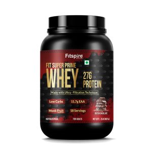 Fitspire Fit Super Prime Whey Protein Powder For Adults | Whey Concentrate Isolate & Peptides Blend | 27g Protein Per Serving | With Digestive Enzymes & Probiotics | Zero Added Sugar | Supports Muscle Growth & Recovery | Dutché Chocolate Flavour - 907g (2 lbs), 18 Servings