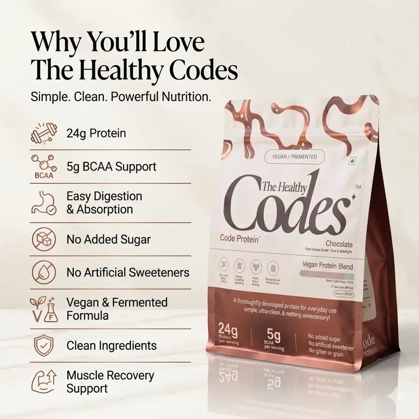 The Healthy Codes Code Protein | Vegan Fermented Protein Blend (24g Protein, 5.2g BCAAs, PDCAAS ~1) | Plant Based Yeast, Pea & Pumpkin Isolate Supplement for Men & Women | Clean Label Daily Wellness | Chocolate Flavor - Image 4