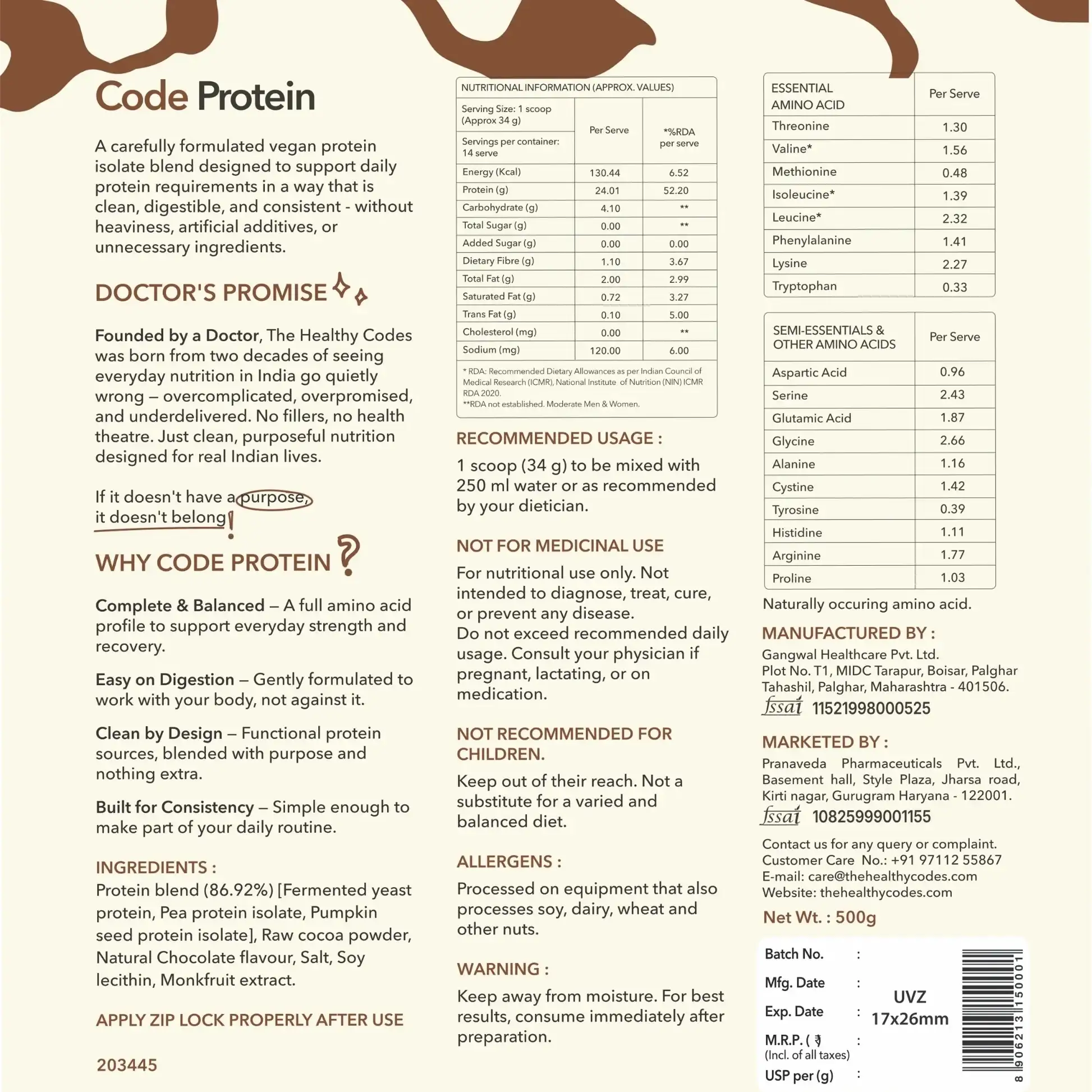 The Healthy Codes Code Protein | Vegan Fermented Protein Blend (24g Protein, 5.2g BCAAs, PDCAAS ~1) | Plant Based Yeast, Pea & Pumpkin Isolate Supplement for Men & Women | Clean Label Daily Wellness | Chocolate Flavor - Image 7