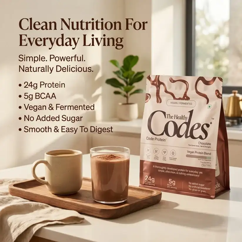The Healthy Codes Code Protein | Vegan Fermented Protein Blend (24g Protein, 5.2g BCAAs, PDCAAS ~1) | Plant Based Yeast, Pea & Pumpkin Isolate Supplement for Men & Women | Clean Label Daily Wellness | Chocolate Flavor - Image 3