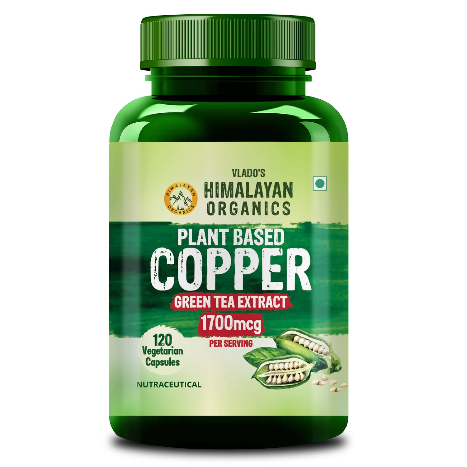 Vlado’s Himalayan Organics Plant Based Copper 1700mcg Supplement with Green Tea Extract | Support Connective Tissues | Good For Bone Health - 120 Veg Capsules