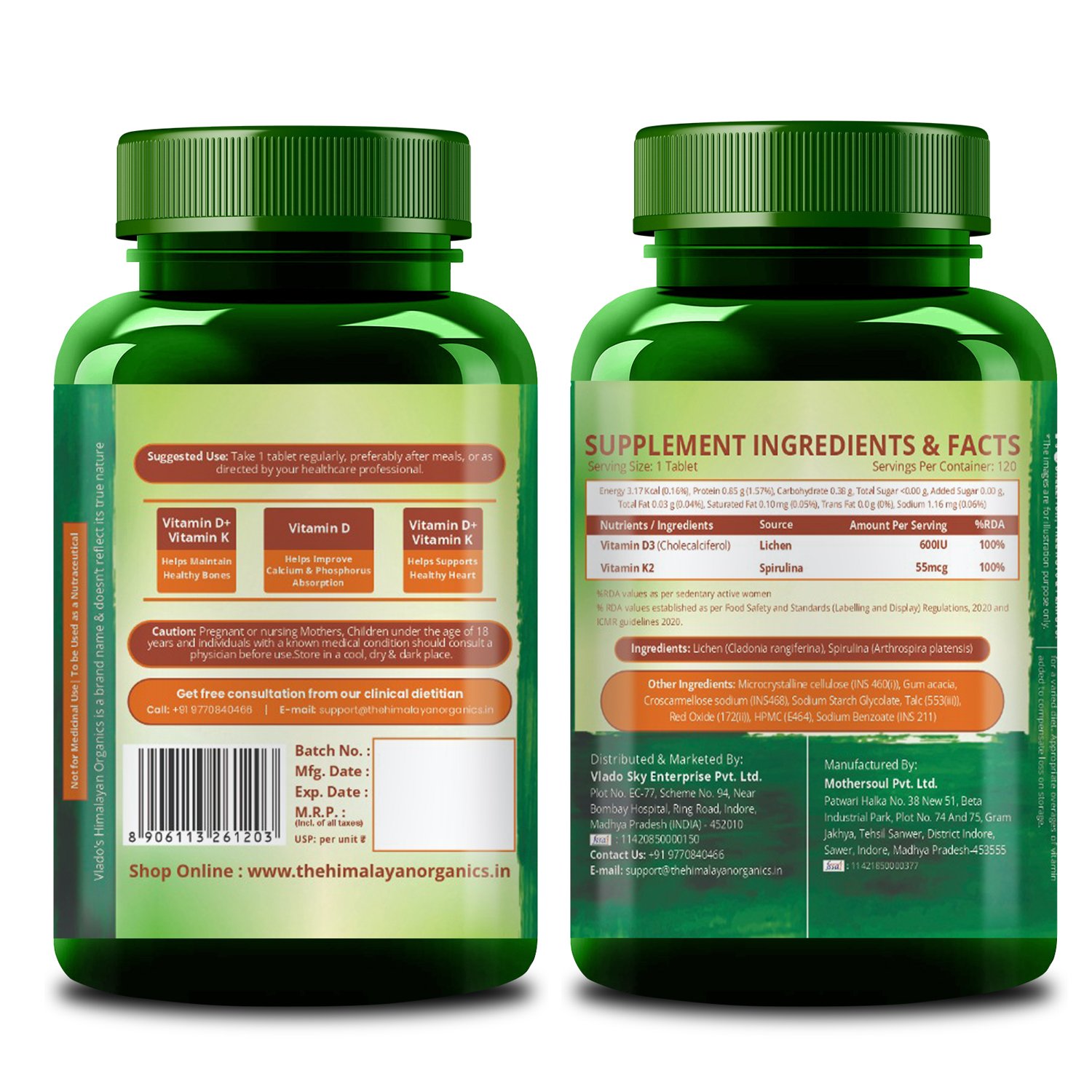 Vlado’s Himalayan Organics Vitamin D3 + K2 120 Veg Tablets for immunity & bones on Fitbee India