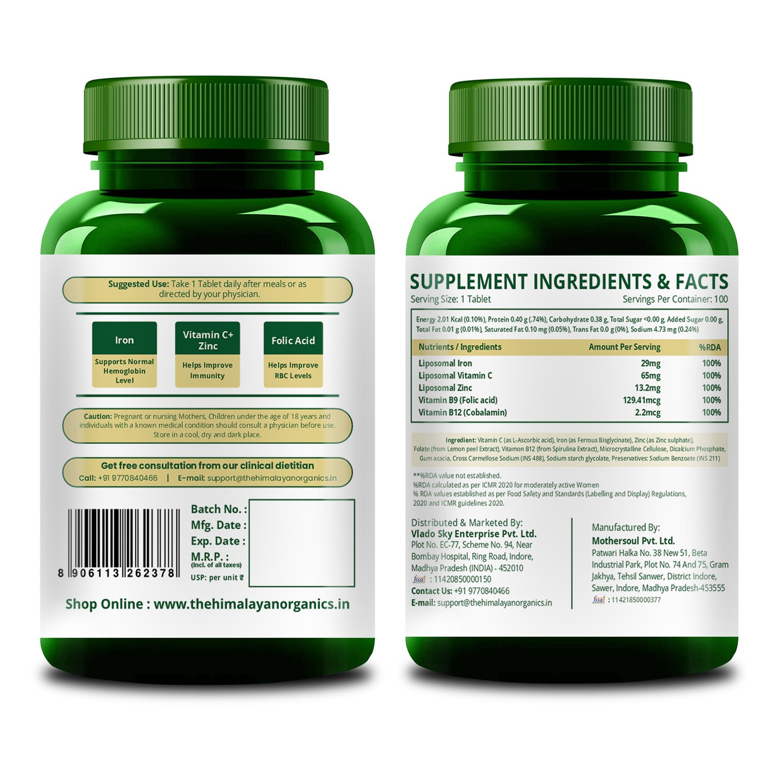 Vlados Himalayan Organics Liposomal Iron Tablets with Vitamin C, B12, Zinc & Folic Acid 100 Veg