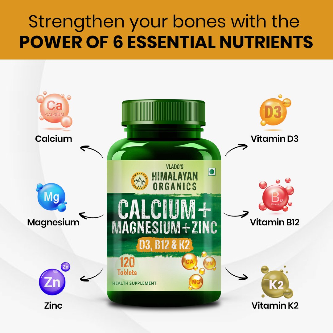 Vlado's Himalayan Organics Calcium Magnesium Zinc Vitamin D3 B12 Tablets 120 on Fitbee India