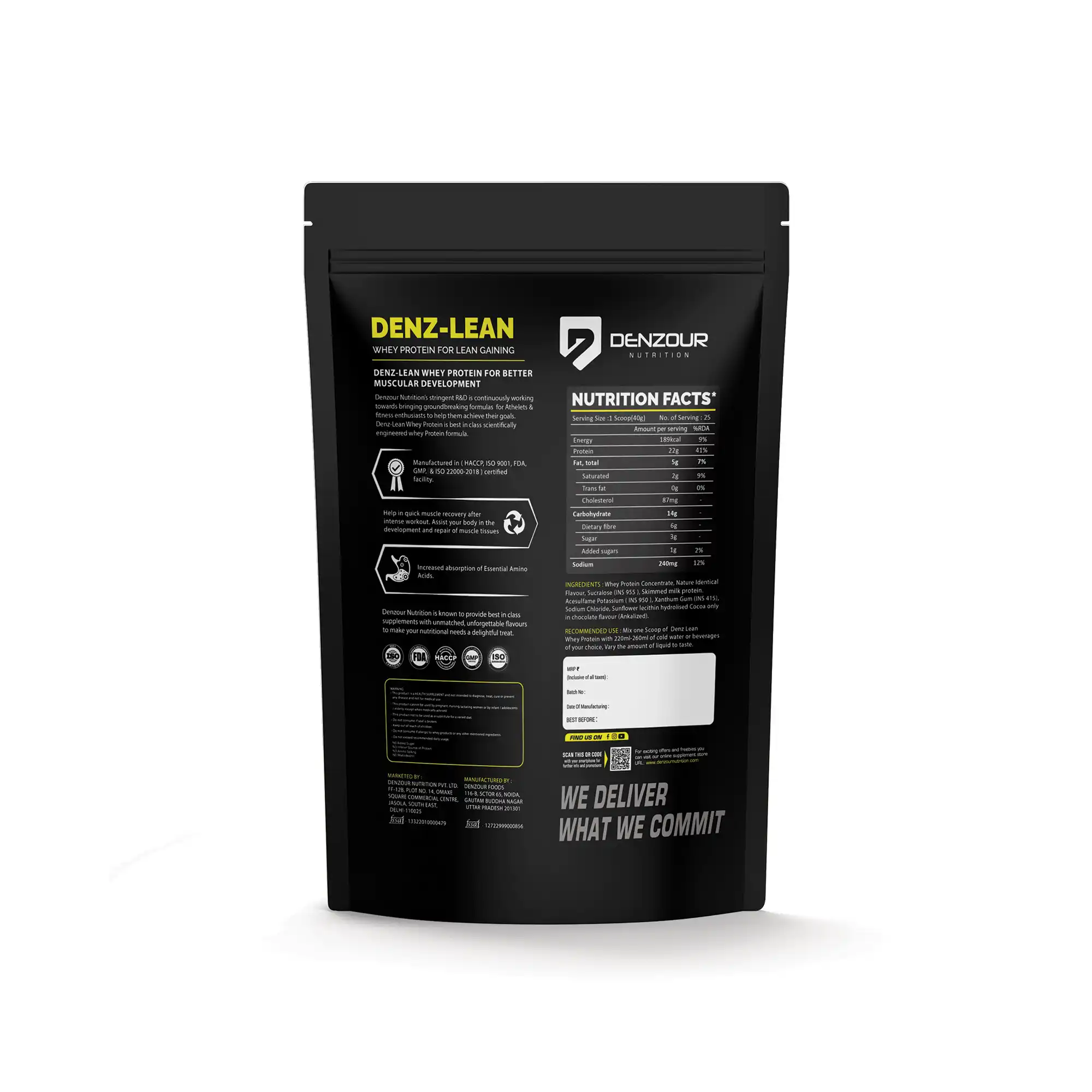 Denzour Nutrition Denz-Lean Whey Protein Powder 1kg Packed with 22g Protein