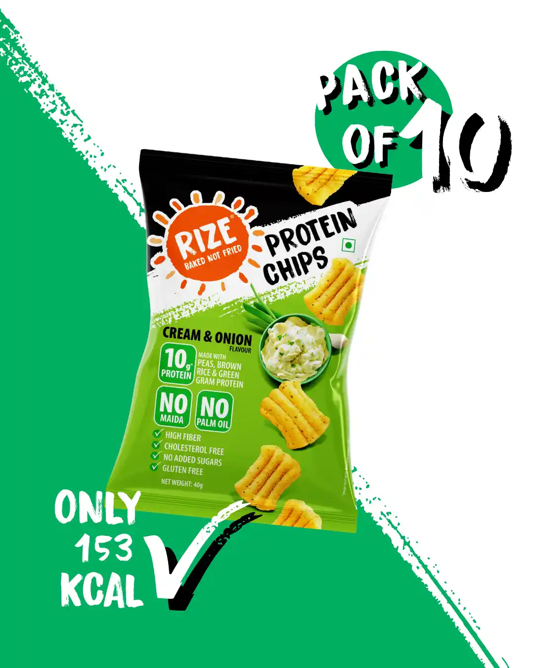 RizeBar Cream & Onion Protein Chips 10g Protein Pack of 10 on Fitbee India