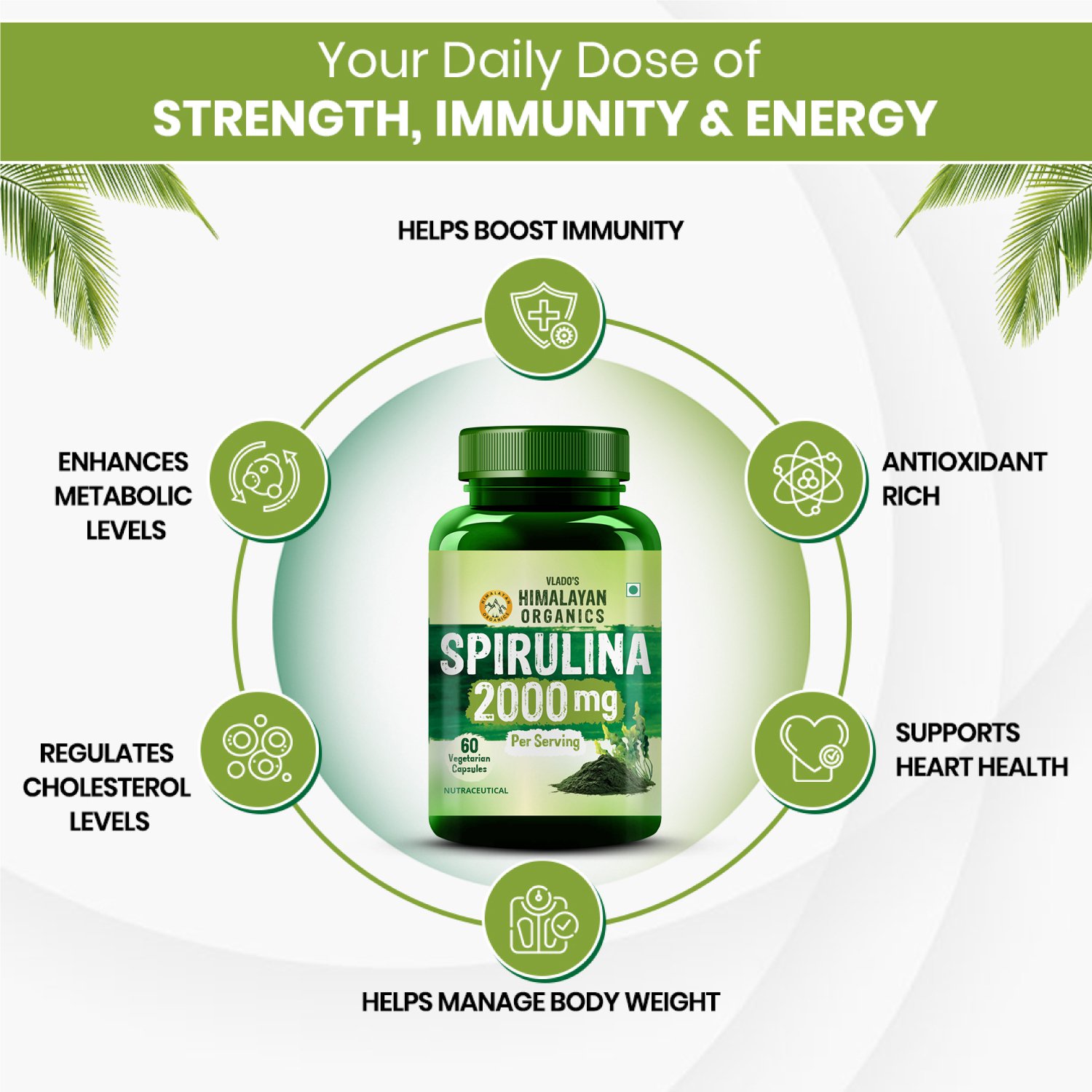Vlados Himalayan Organics Spirulina 2000mg Green Superfood Capsules