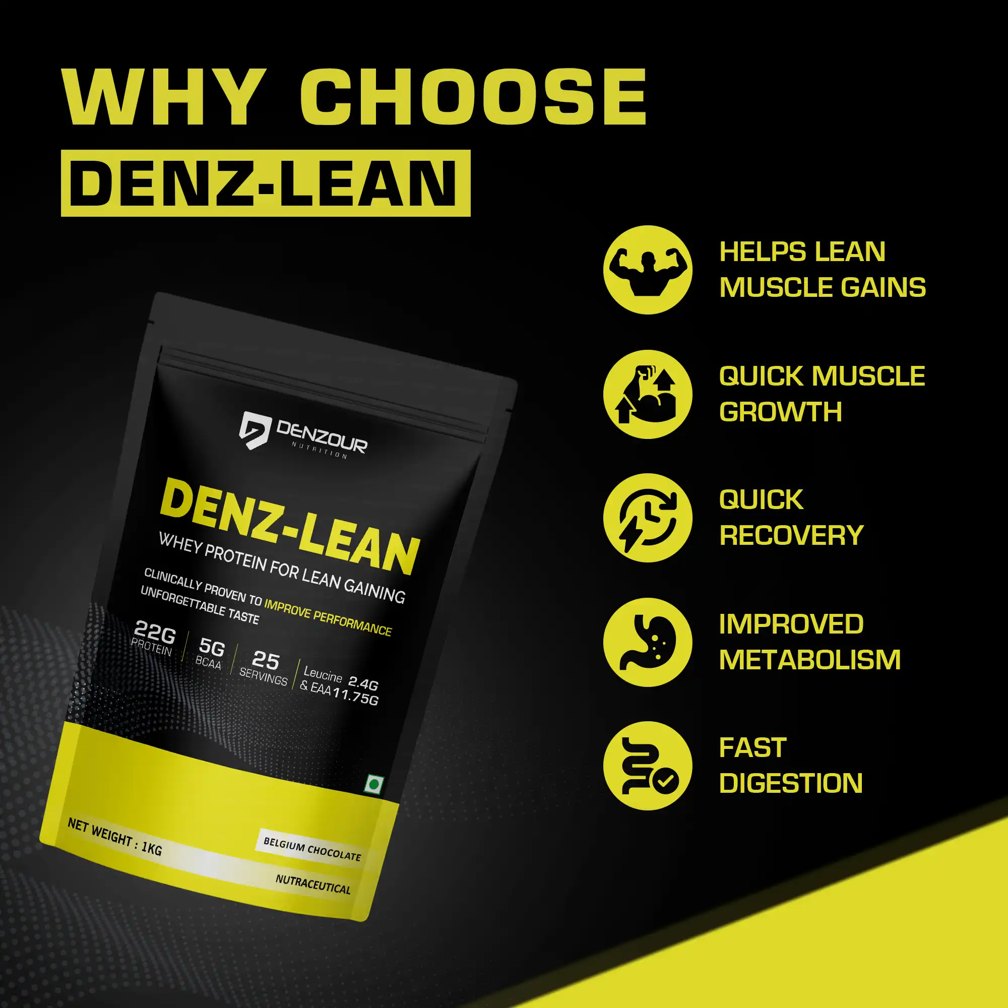 Denzour Nutrition Denz-Lean Whey Protein Belgium Chocolate 1kg Pack