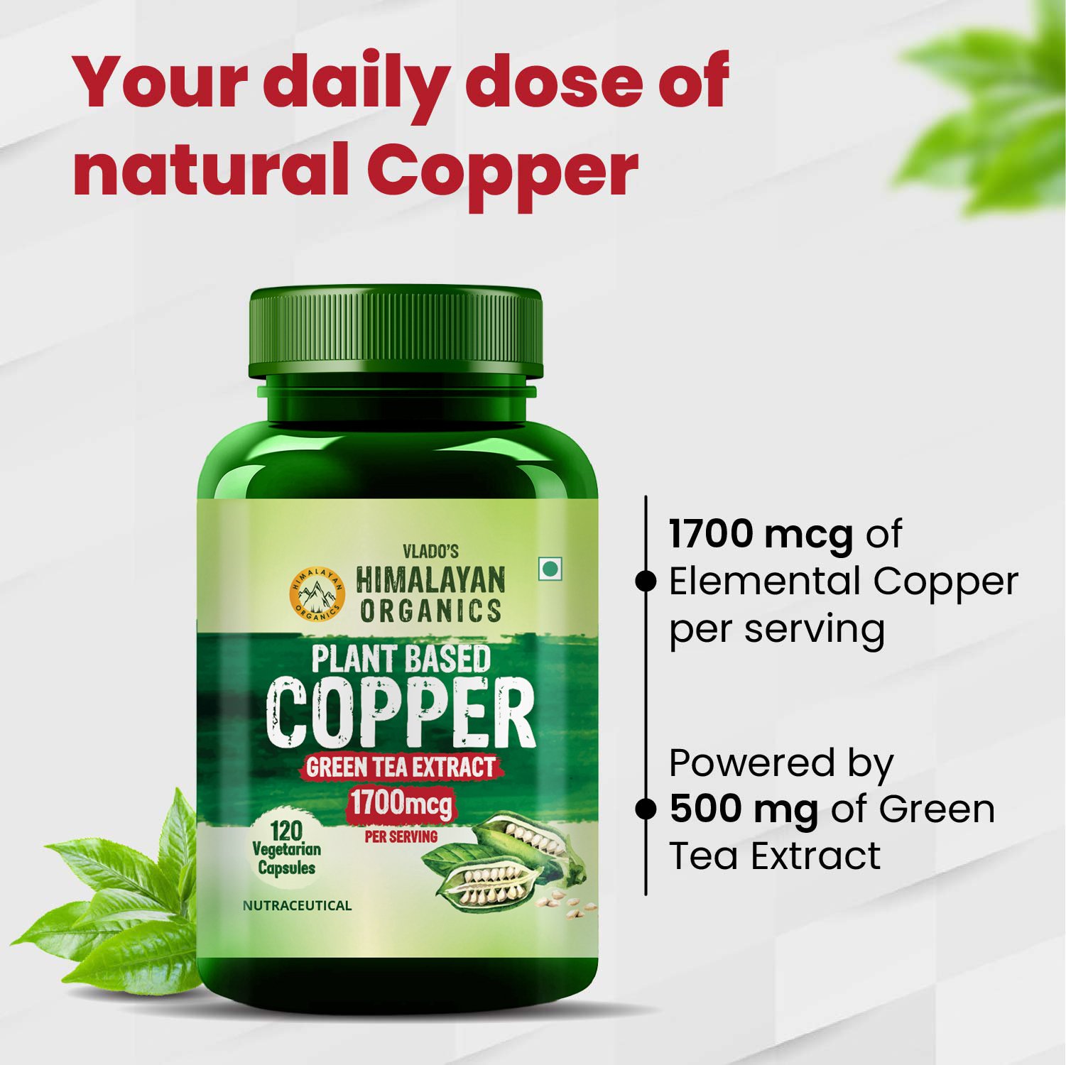 Vlado’s Himalayan Organics Plant Based Copper 1700mcg Supplement with Green Tea Extract | Support Connective Tissues | Good For Bone Health - 120 Veg Capsules - Image 3