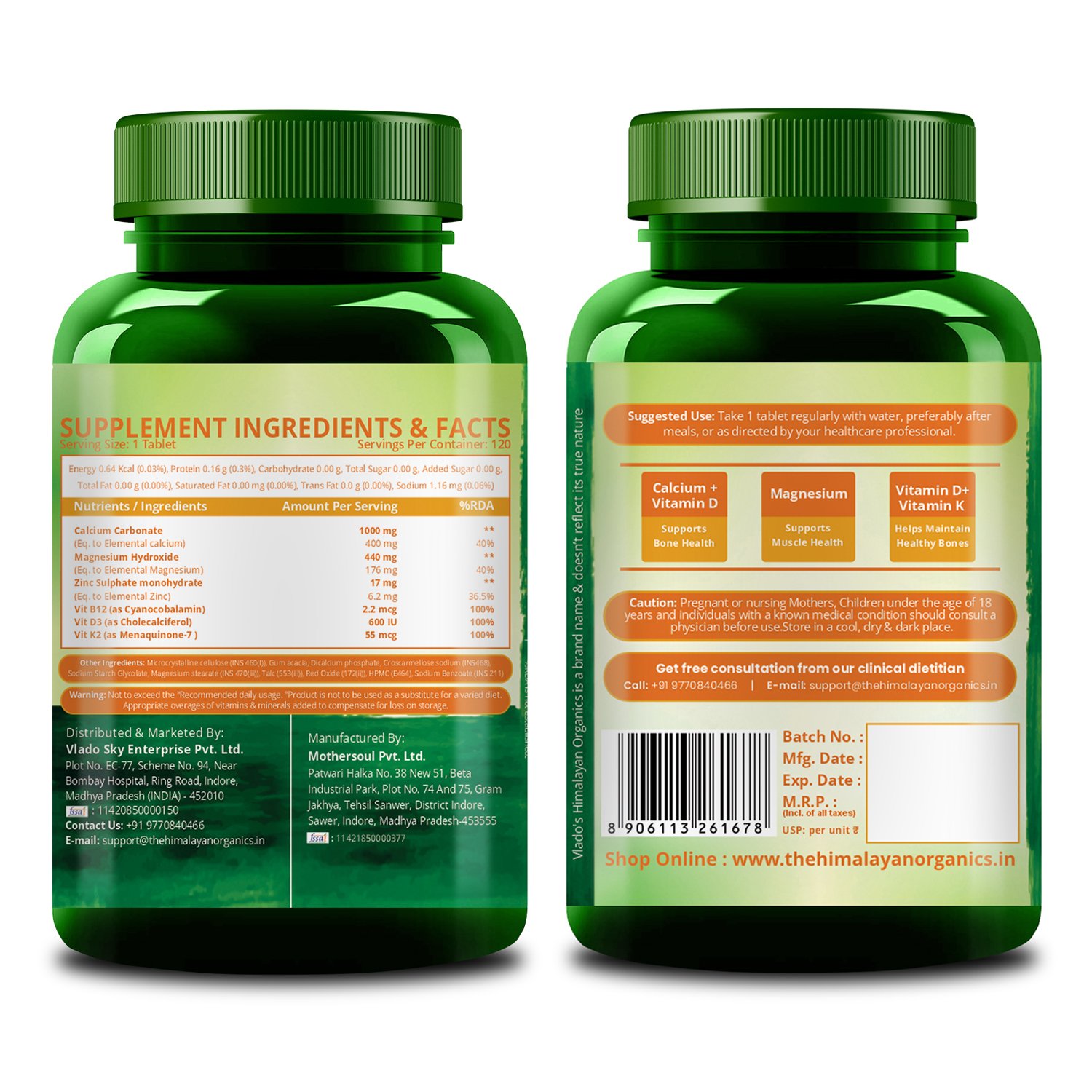 Vlado's Himalayan Organics Calcium Magnesium Zinc Vitamin D3 B12 Tablets 120 Count on Fitbee India